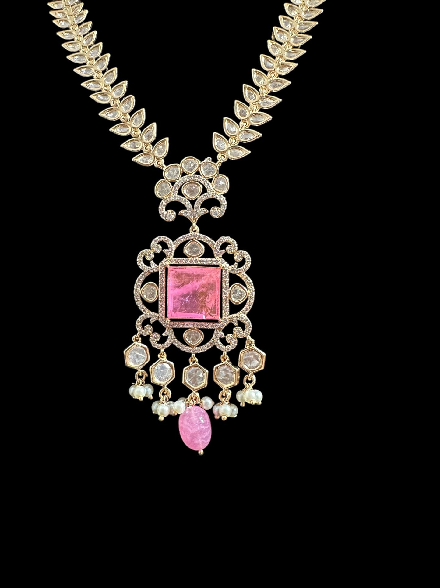 DNS173 Polki necklace set with pearls - PINK ( READY TO SHIP )