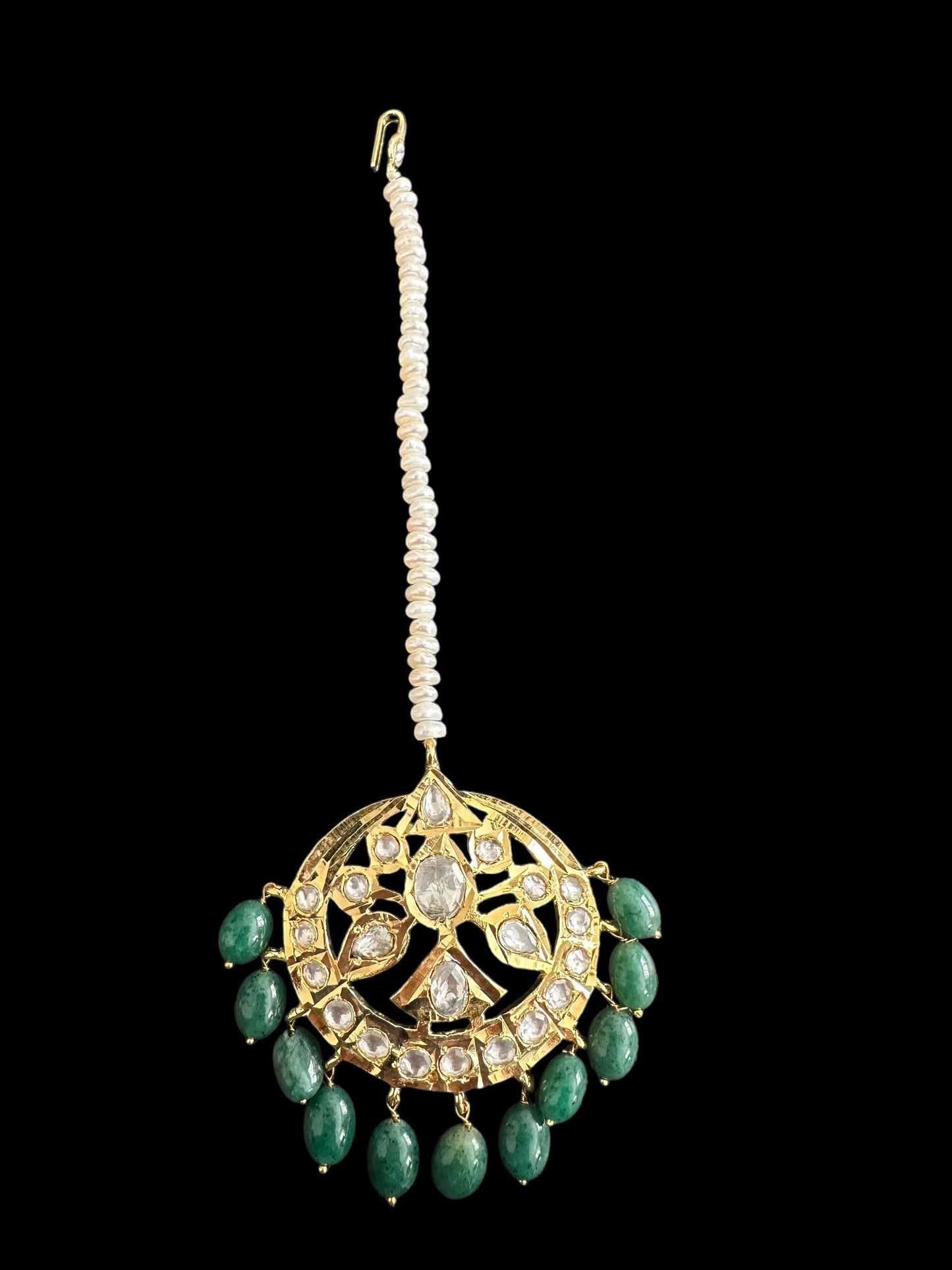 JTK19 Insha hyderabadi jhoomar tika in emeralds and fresh water pearls ( SHIPS IN 2 WEEKS )
