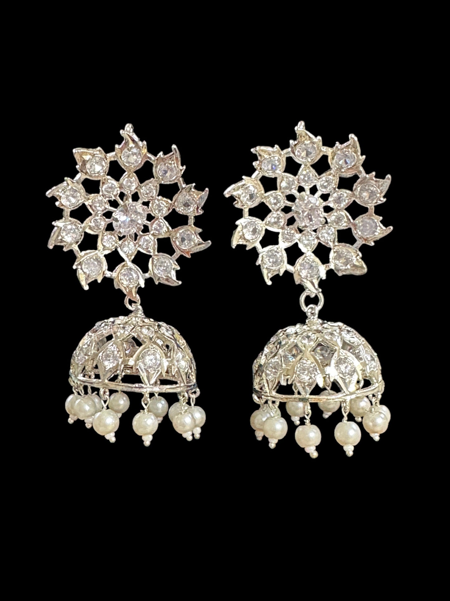 DER549 karanphool jhumka - large size silver plated ( SHIPS IN 3 WEEKS )