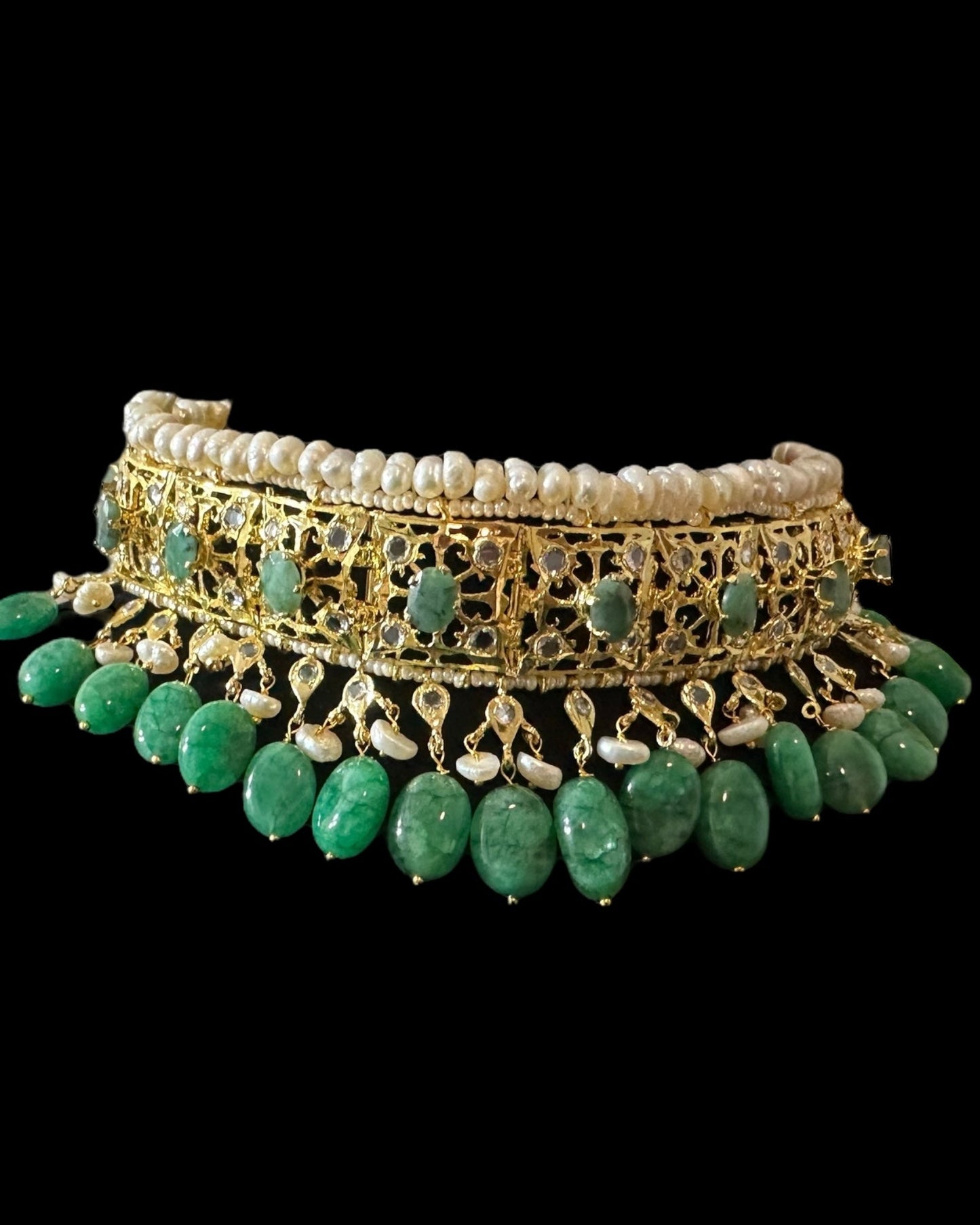 BR482 Insia Hyderabadi bridal set in emeralds with fresh water pearls ( READY TO SHIP )