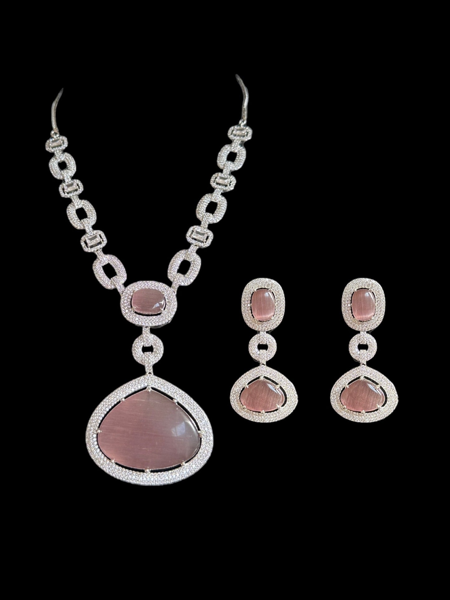 DNS98 CZ necklace set in pink - silver plated ( READY TO SHIP )