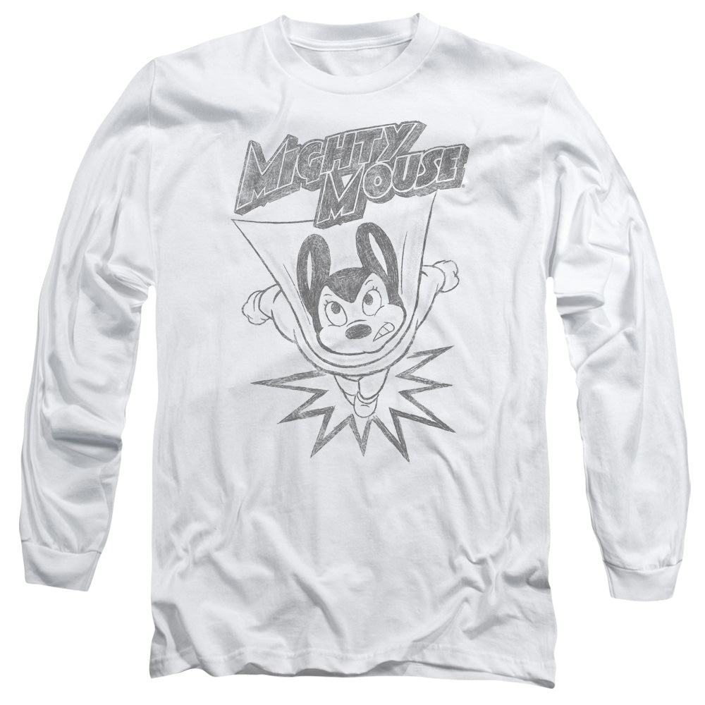 Mighty Mouse Bursting Out Mens Long Sleeve Shirt White Officially Licensed