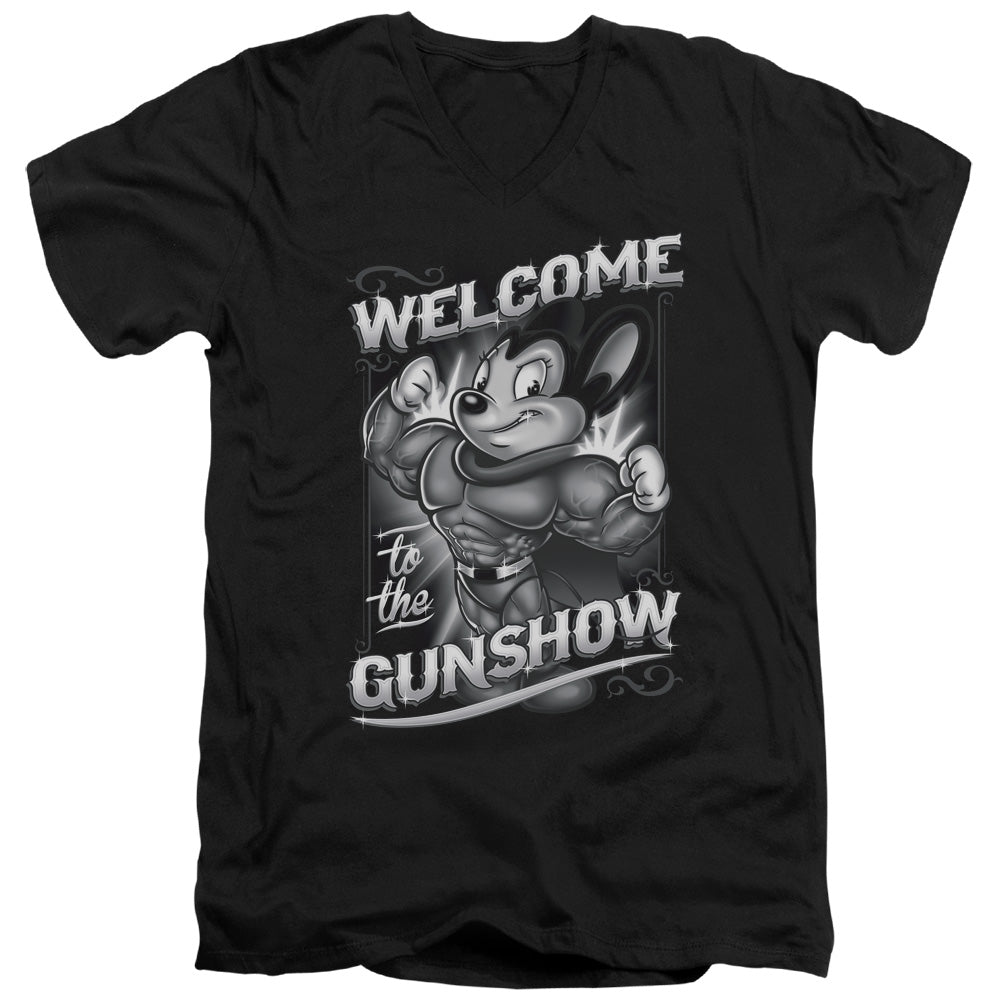 Mighty Mouse Mighty Gunshow Mens Slim Fit V-Neck T Shirt Black Officially Licensed