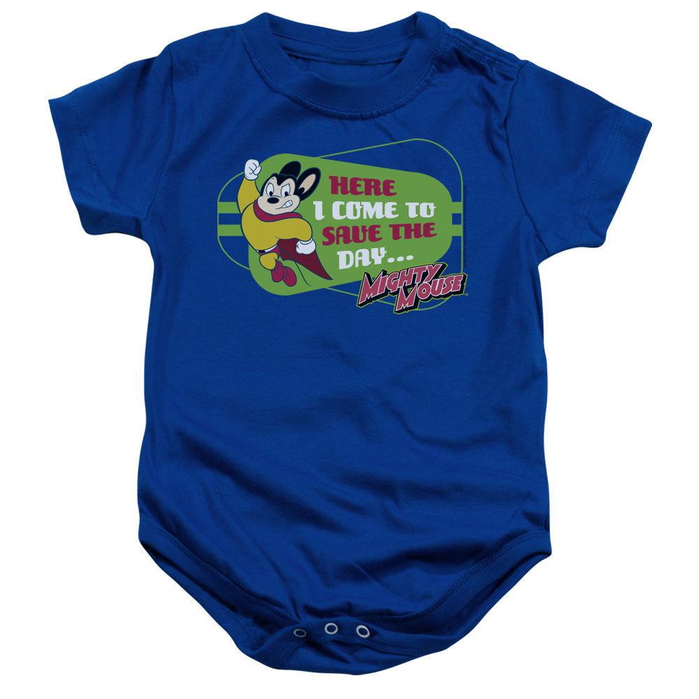 Mighty Mouse Here I Come Infant Baby Snapsuit Royal Blue Officially Licensed