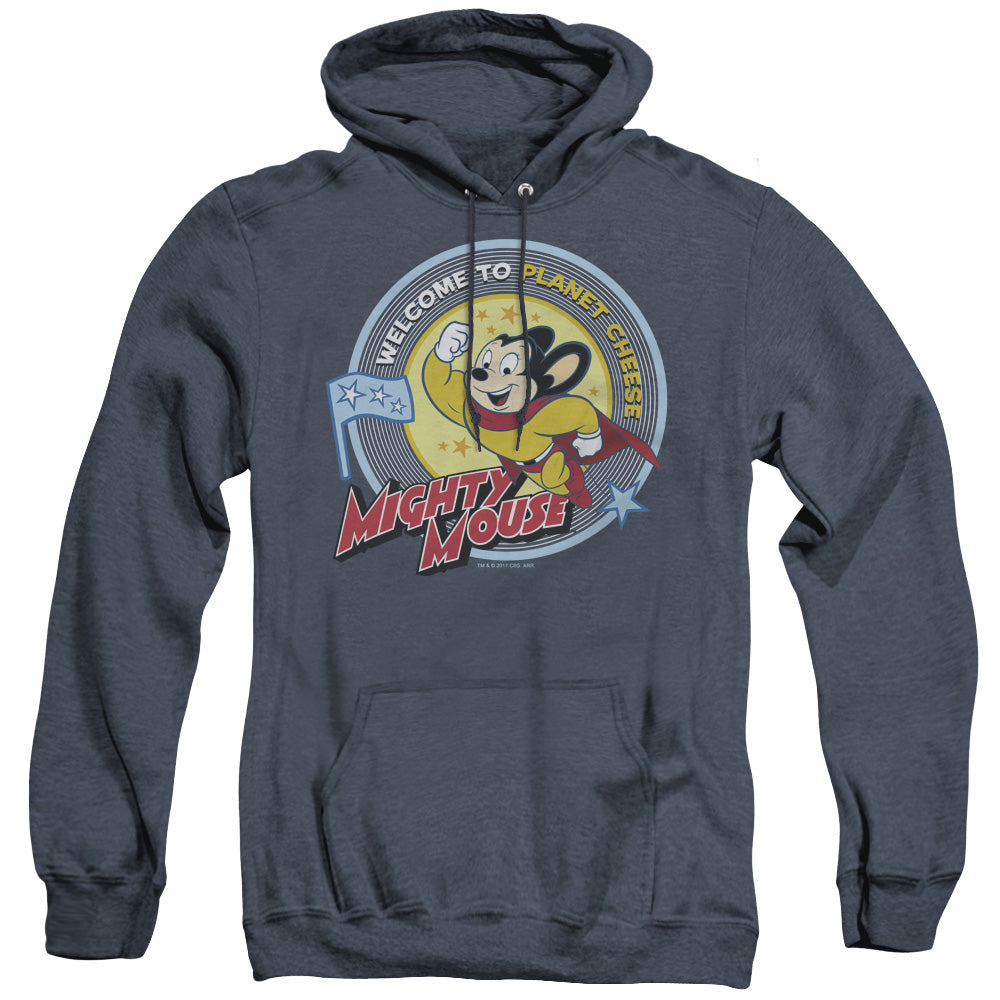 Mighty Mouse Planet Cheese Heather Mens Hoodie Navy Officially Licensed