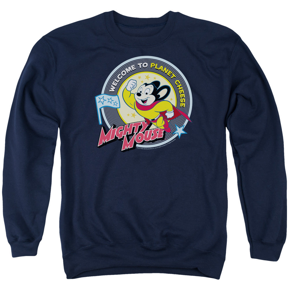 Mighty Mouse Planet Cheese Mens Crewneck Sweatshirt Navy Blue Officially Licensed