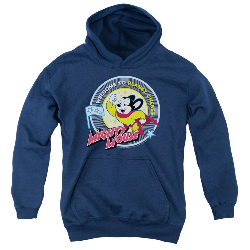Mighty Mouse Planet Cheese Kids Youth Hoodie Navy Blue Officially Licensed