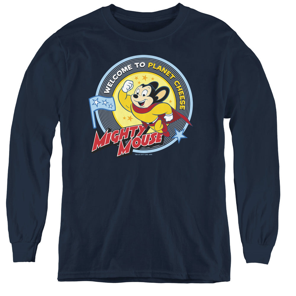 Mighty Mouse Planet Cheese Long Sleeve Kids Youth T Shirt Navy Blue Officially Licensed