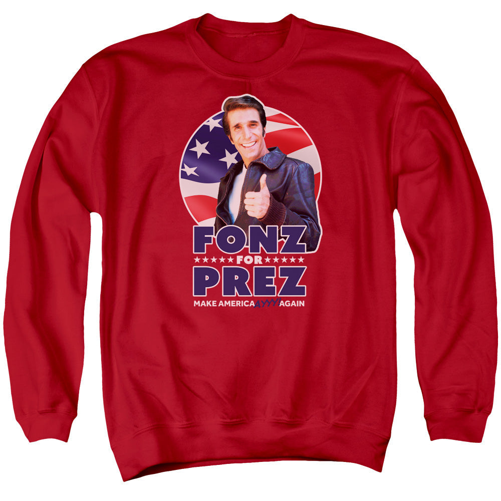 Happy Days Fonz for Prez Mens Crewneck Sweatshirt Red Officially Licensed