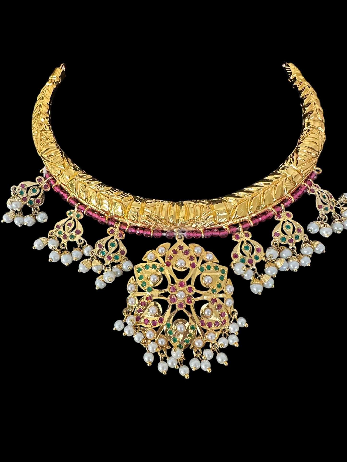 DNS190 Gold-Plated jadau ruby emerald Hasli Necklace with earrings tika – Handcrafted Traditional Set ( READY TO SHIP )