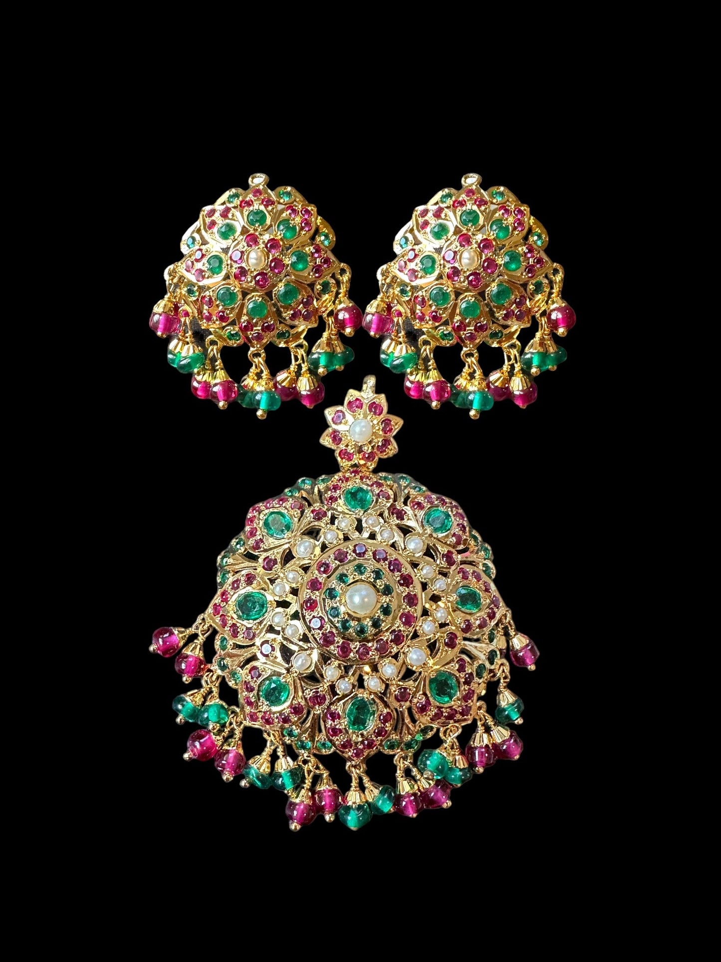 Gold plated jadau silver pendant set in ruby emeralds ( READY TO SHIP )