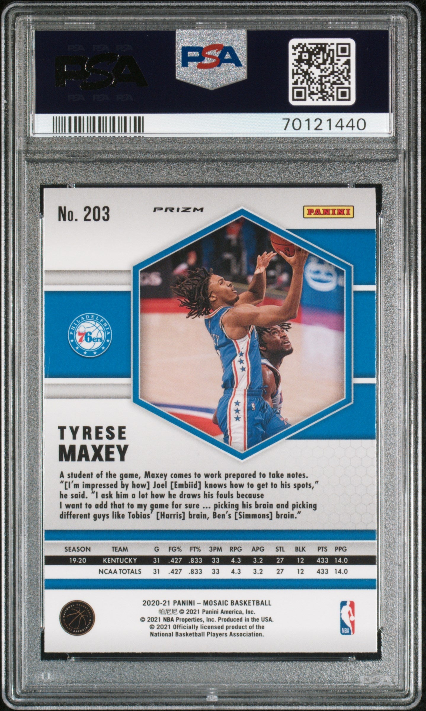 Graded 2020 Panini Mosaic Tyrese Maxey #203 Camo Pink Rookie RC Basketball Card PSA 10 Gem Mint