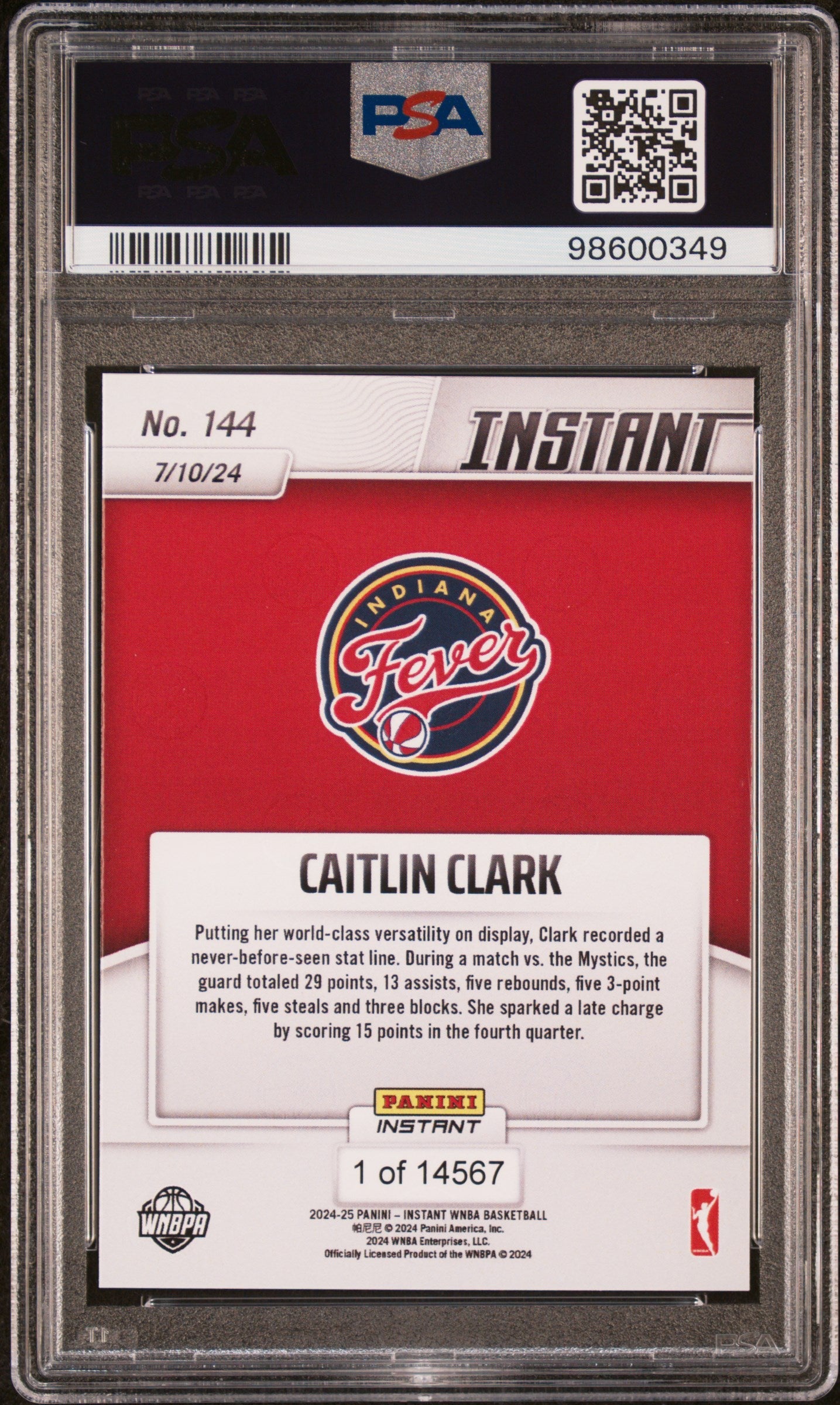 Graded 2024 Panini Instant WNBA Caitlin Clark #144 Rookie RC Basketball Card PSA 10 Gem Mint