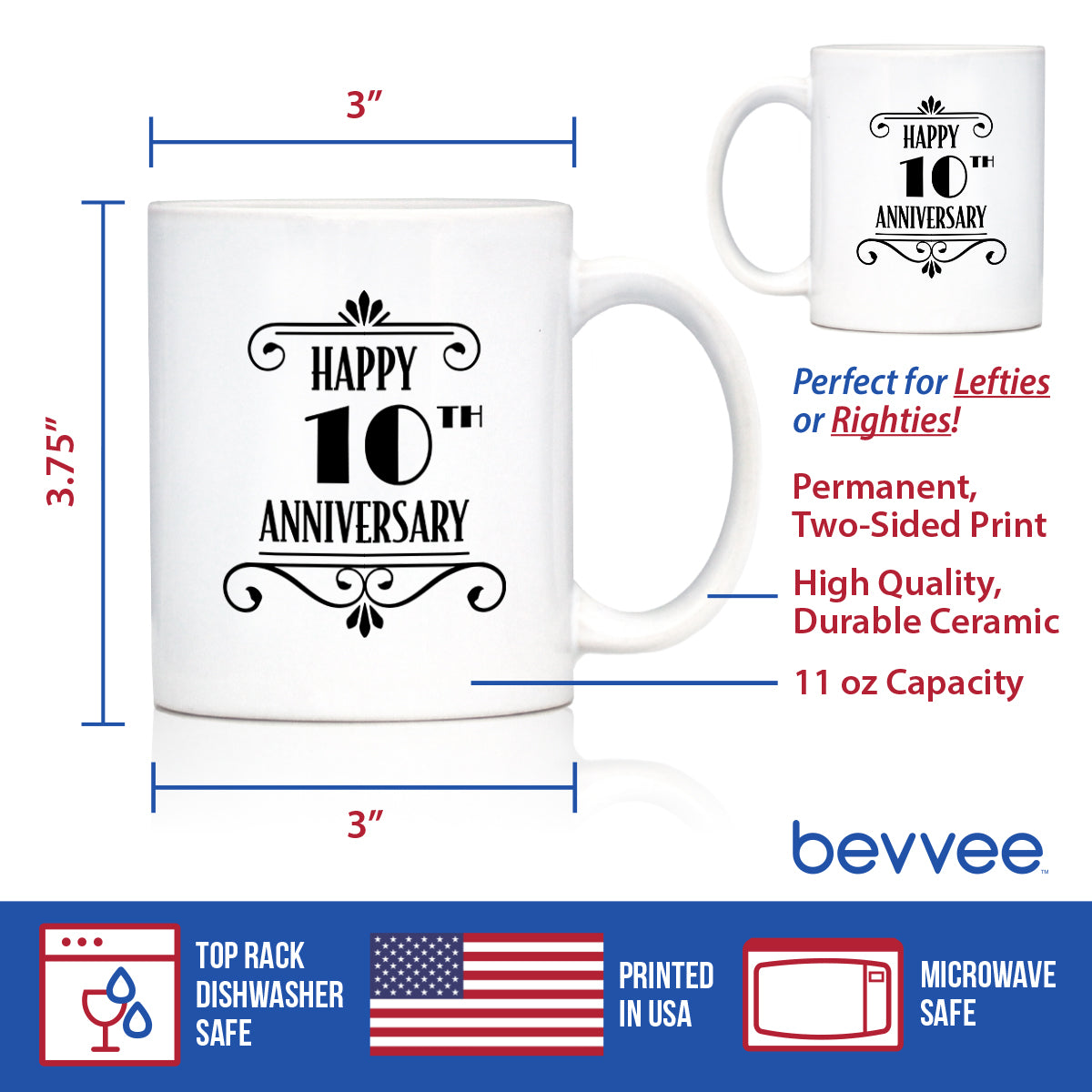 Happy 10th Anniversary Coffee Mug Gifts 10 Year Anniversary Art Deco Party Decor White Ceramic Coffee Cup