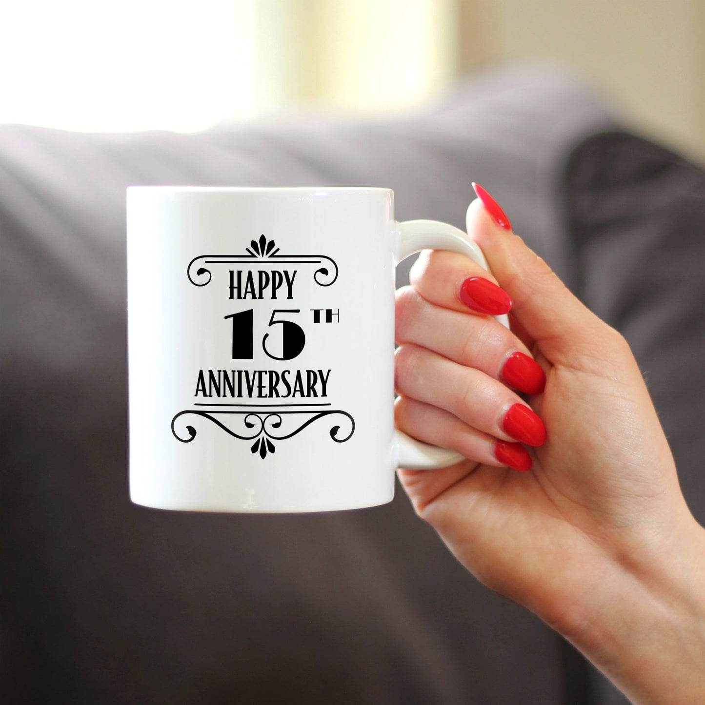 Happy 15th Anniversary Coffee Mug Gifts 15 Year Anniversary Art Deco Party Decor White Ceramic Coffee Cup