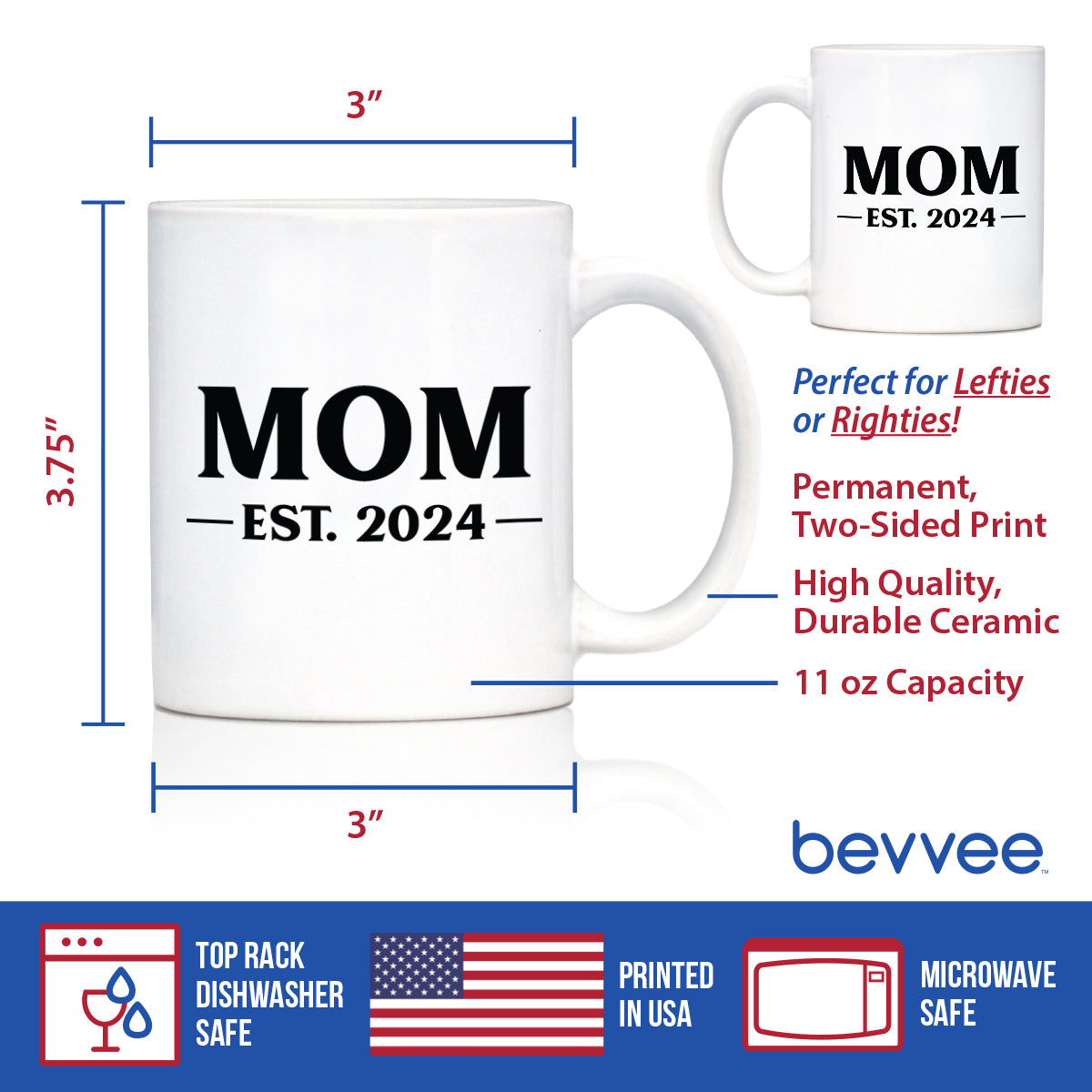 Mom Est 2024 - New Mother Coffee Mug Gift for First Time Parents - Bold
