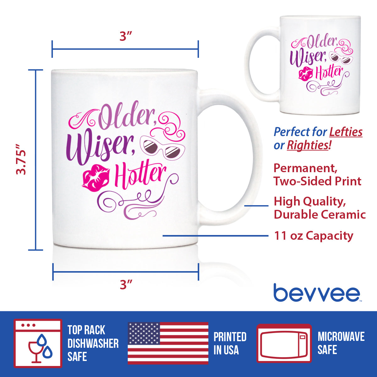 Older Wiser Hotter Coffee Mug Funny Birthday Gifts for Women White Ceramic Coffee Cup
