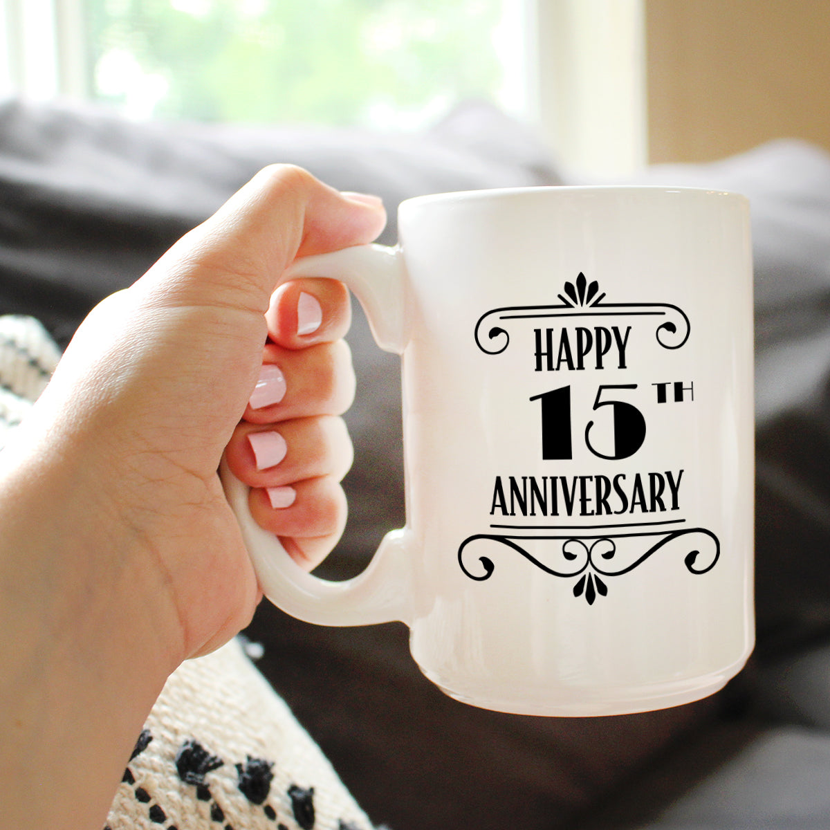 Happy 15th Anniversary Coffee Mug Gifts 15 Year Anniversary Art Deco Party Decor White Ceramic Coffee Cup