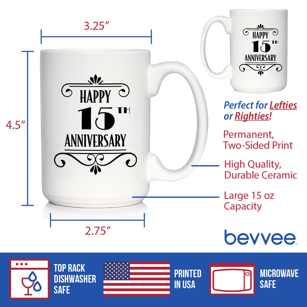 Happy 15th Anniversary Coffee Mug Gifts 15 Year Anniversary Art Deco Party Decor White Ceramic Coffee Cup