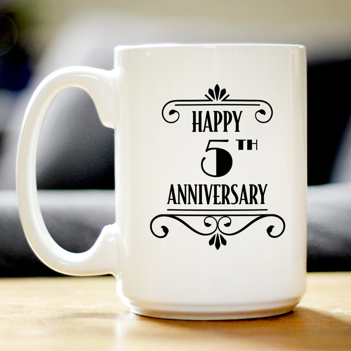 Happy 5th Anniversary Coffee Mug Gifts 5 Year Anniversary Art Deco Party Decor White Ceramic Coffee Cup