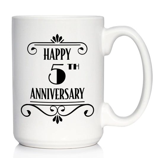 Happy 5th Anniversary Coffee Mug Gifts 5 Year Anniversary Art Deco Party Decor White Ceramic Coffee Cup