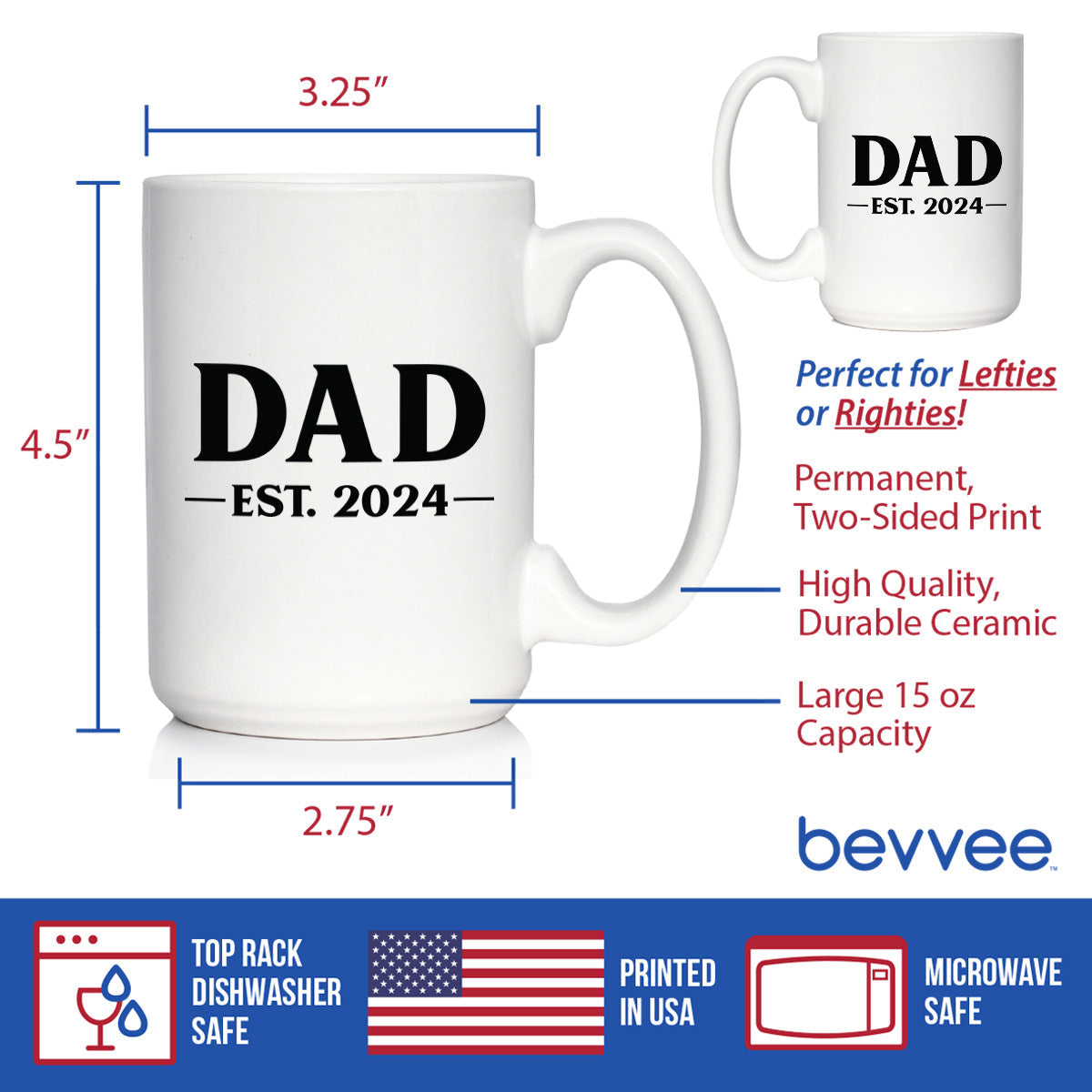 Dad Est 2024 - New Father Coffee Mug Gift for First Time Parents - Bold