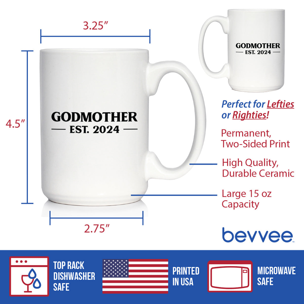 Godmother Est 2024 - New Godmother Coffee Mug Proposal Gift for First Time Godparents - Bold
