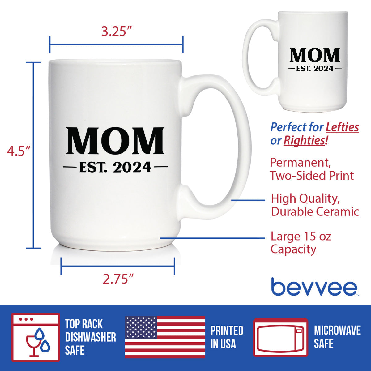 Mom Est 2024 - New Mother Coffee Mug Gift for First Time Parents - Bold