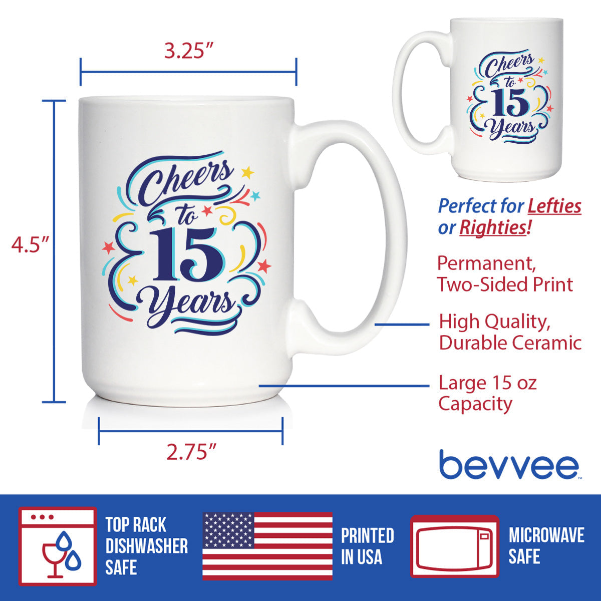 Cheers to 15 Years - Coffee Mug Gifts for Women & Men - 15th Anniversary Party Decor