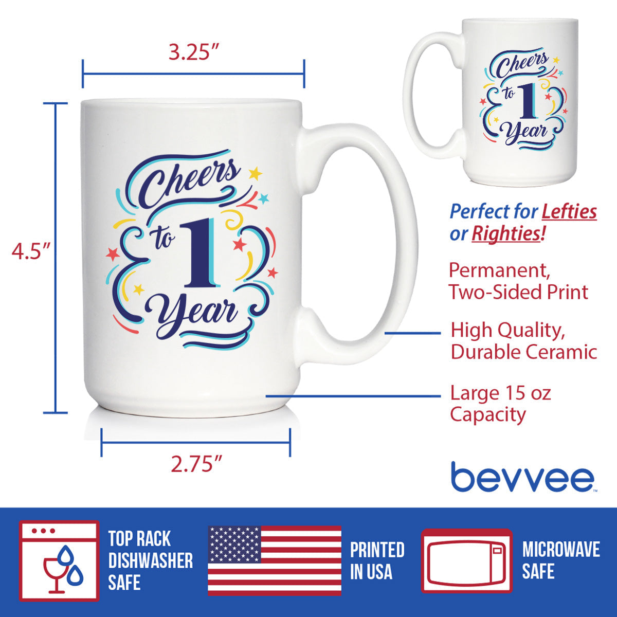 Cheers to 1 Year - Coffee Mug Gifts for Women & Men - 1st Anniversary Party Decor