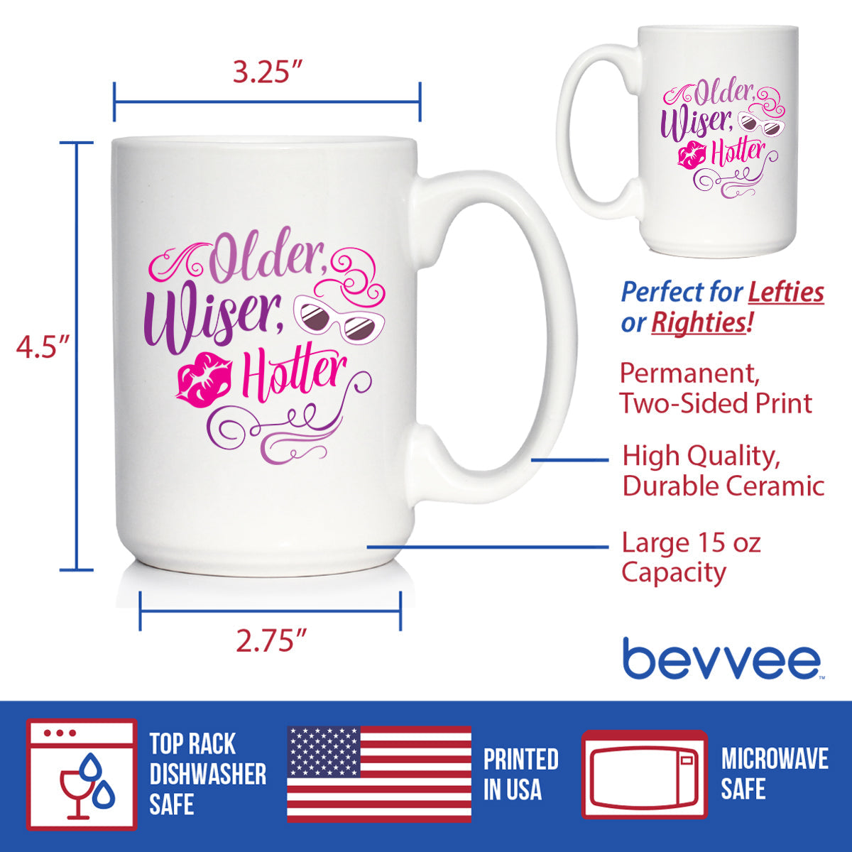 Older Wiser Hotter Coffee Mug Funny Birthday Gifts for Women White Ceramic Coffee Cup