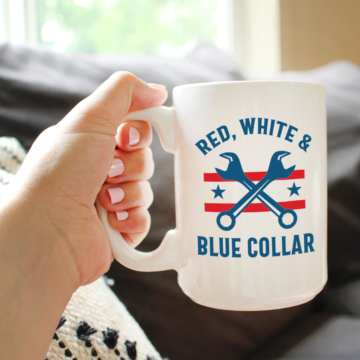 Red White & Blue Collar Coffee Mug Gifts for American Patriots White Ceramic Coffee Cup