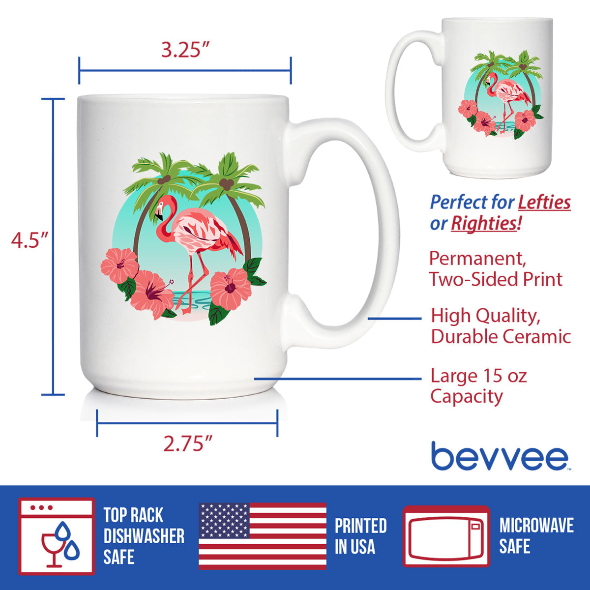 Tropical Flamingo Coffee Mug - Flamingo Gifts & Decor - Large 15oz & 11oz White Ceramic Mugs