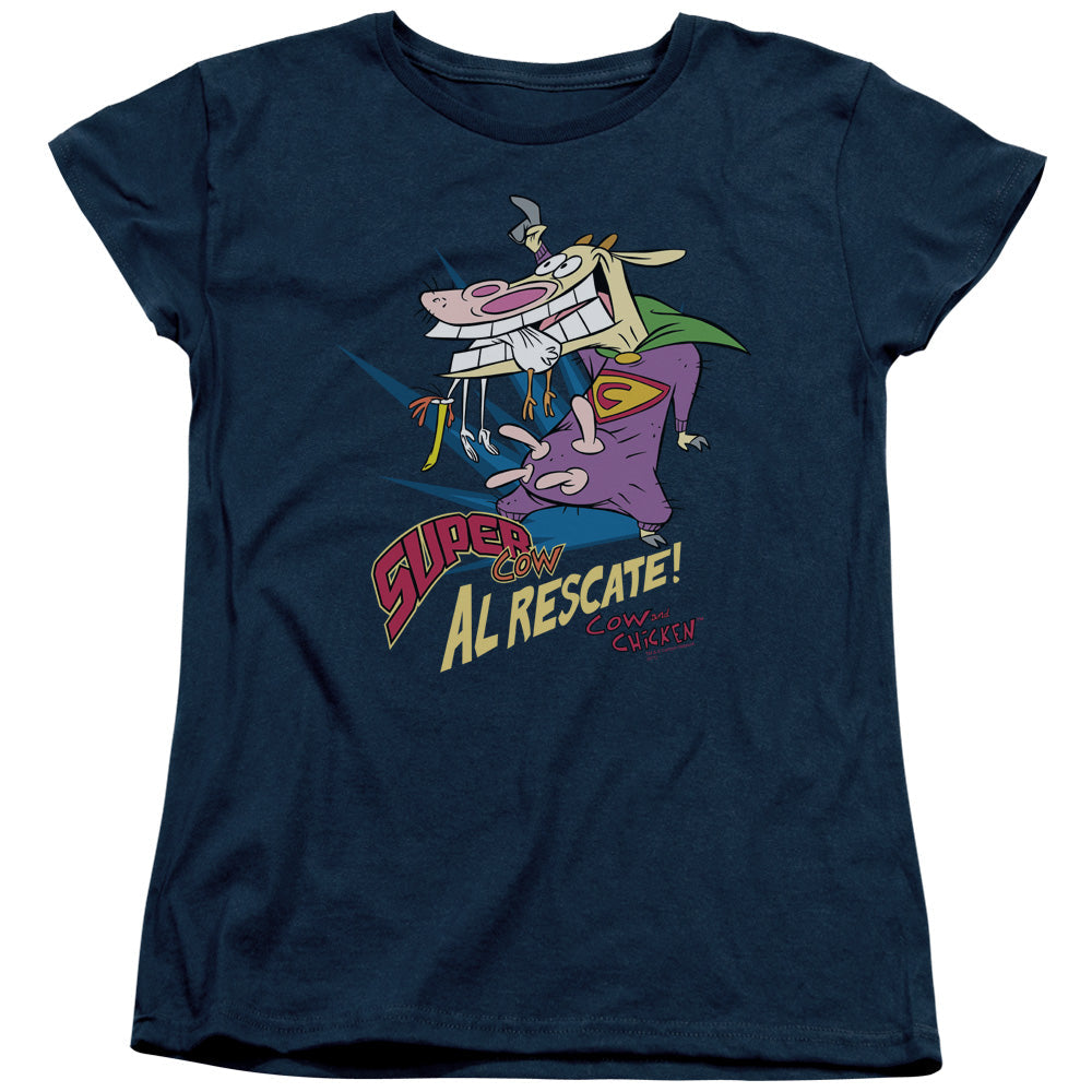 Cow & Chicken Super Cow Womens T Shirt Navy Blue Officially Licensed