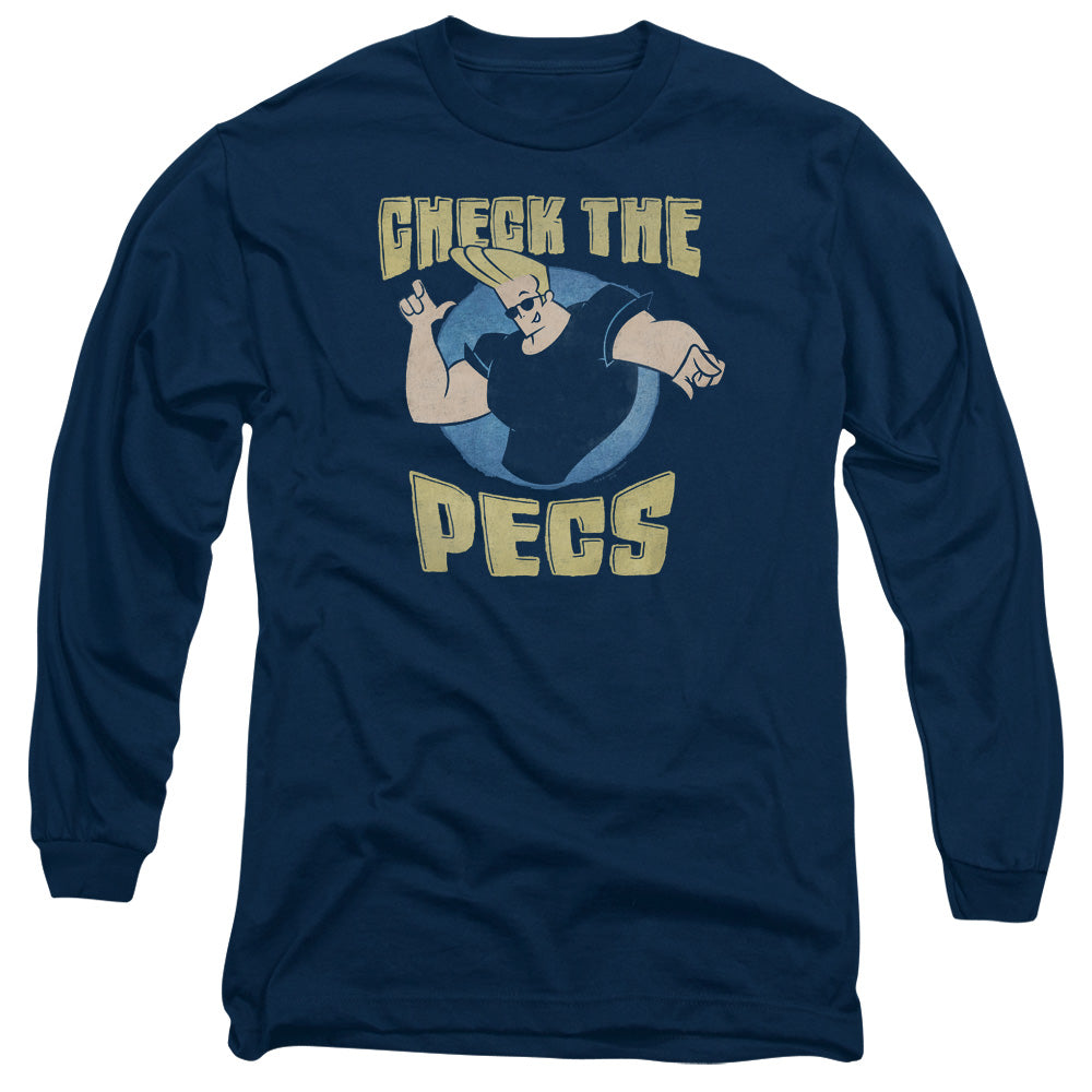 Johnny Bravo Check The Pects Mens Long Sleeve Shirt Navy Officially Licensed Officially Licensed