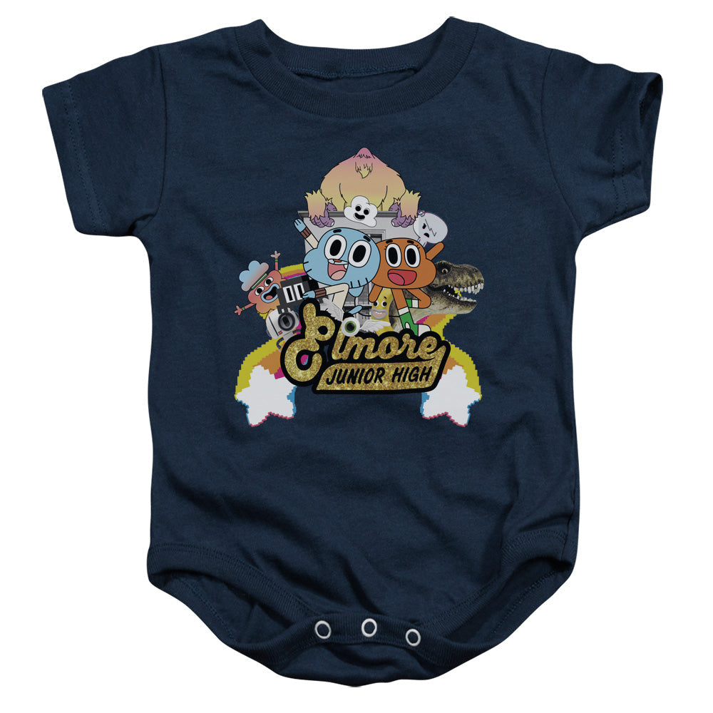 Amazing World of Gumball Elmore Junior High Infant Baby Snapsuit Navy Blue Officially Licensed