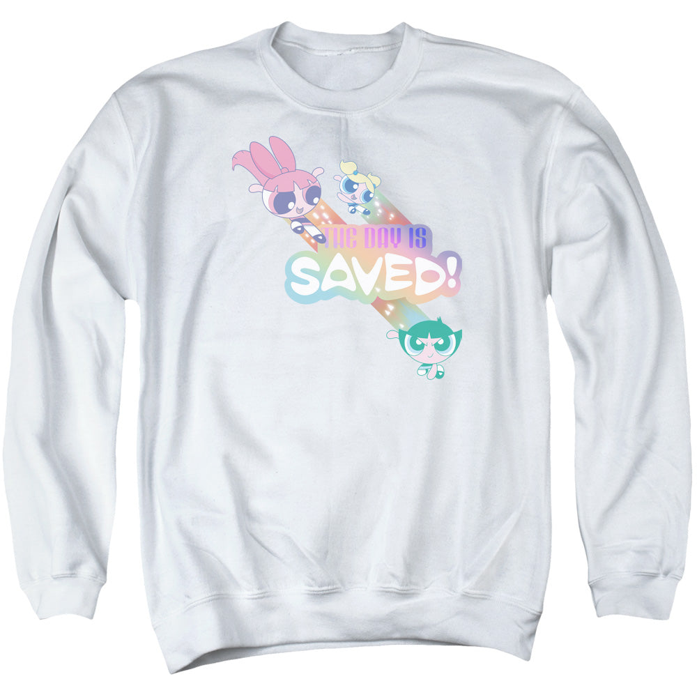 Powerpuff Girls the Day is Saved Mens Crewneck Sweatshirt White Officially Licensed