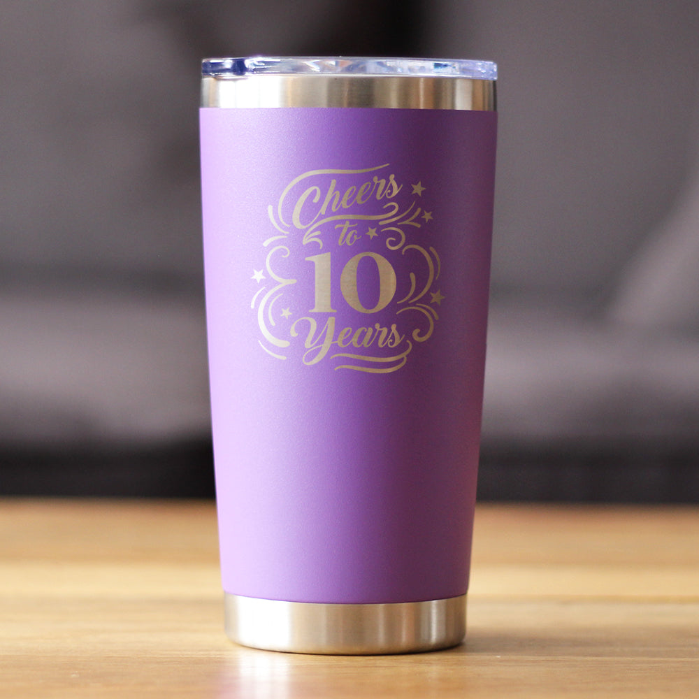 Cheers to 10 Years - Insulated Coffee Tumbler Cup with Sliding Lid - Stainless Steel Insulated Mug - 10th Anniversary Gifts and Party Decor
