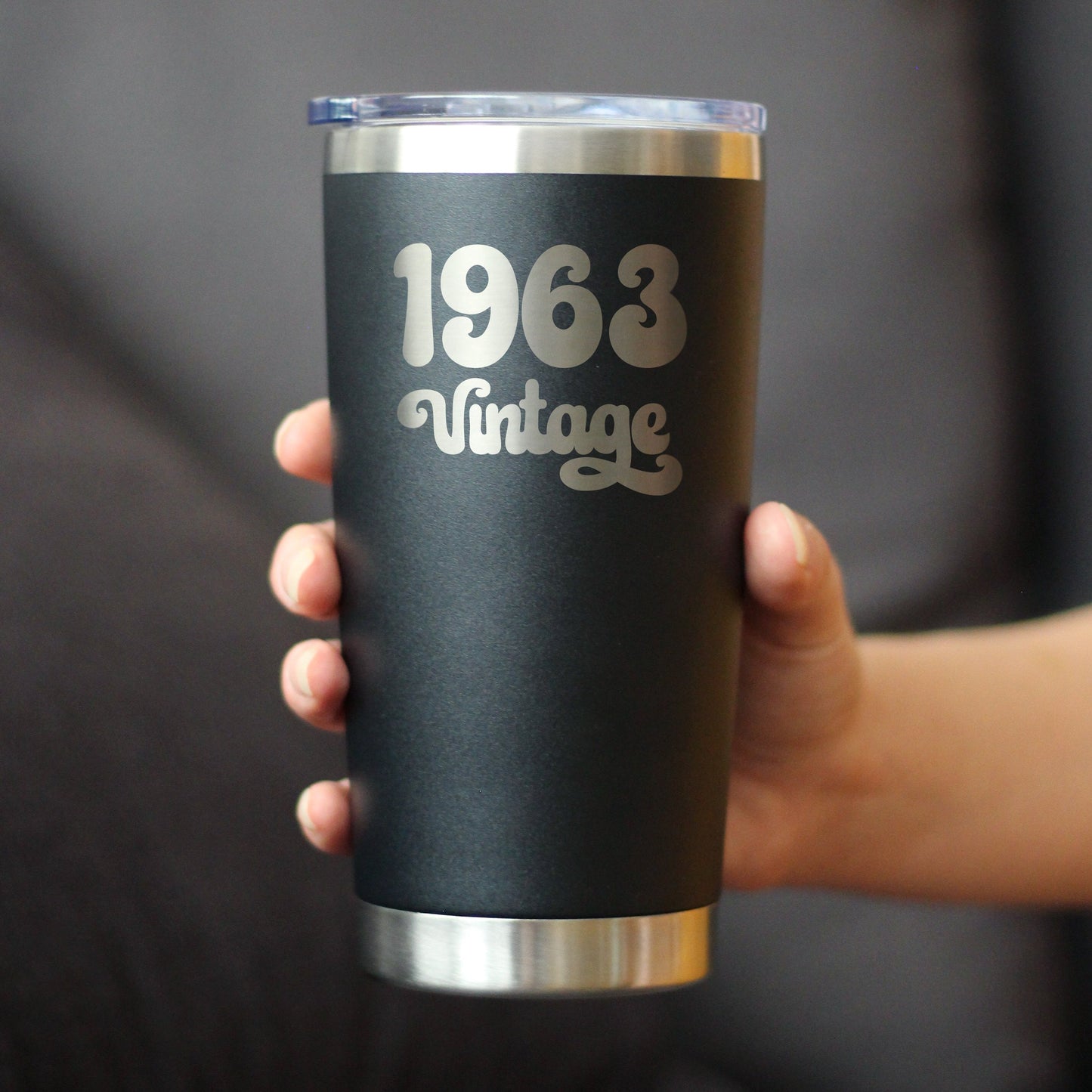 Vintage 1963 - Insulated Coffee Tumbler Cup with Sliding Lid - 20 oz - Funny 62nd Birthday Gift for Women or Men Turning 62