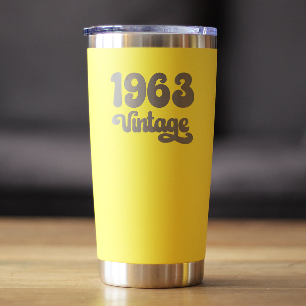 Vintage 1963 - Insulated Coffee Tumbler Cup with Sliding Lid - 20 oz - Funny 62nd Birthday Gift for Women or Men Turning 62