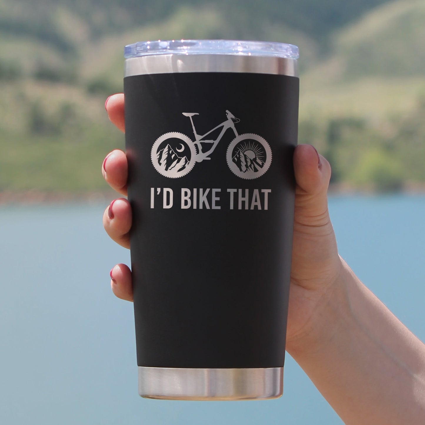 I'd Bike That - Insulated Coffee Tumbler Cup with Sliding Lid - Stainless Steel Insulated Mug - Cool Bicycle Themed Decor and Gifts for Mountain Bikers