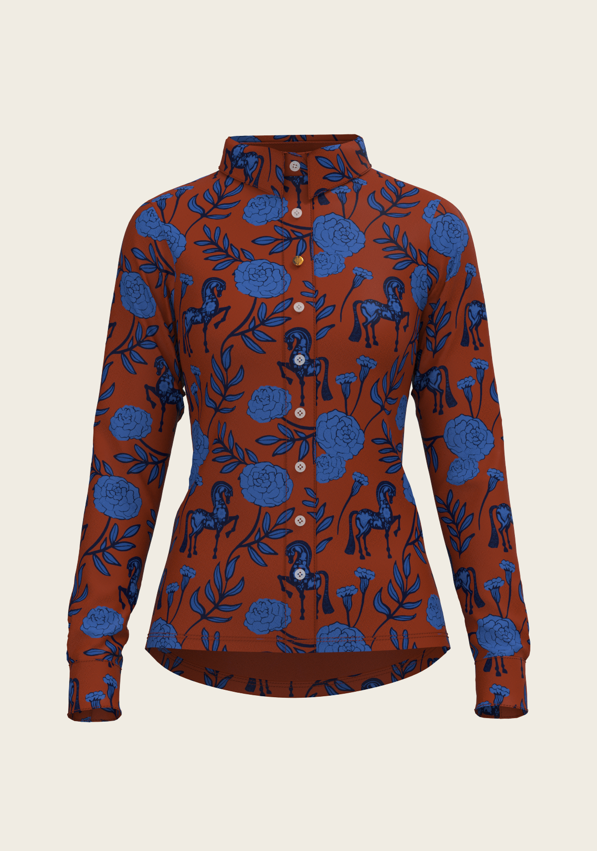 Peony Navy on Tan Ladies Casual Button Shirt