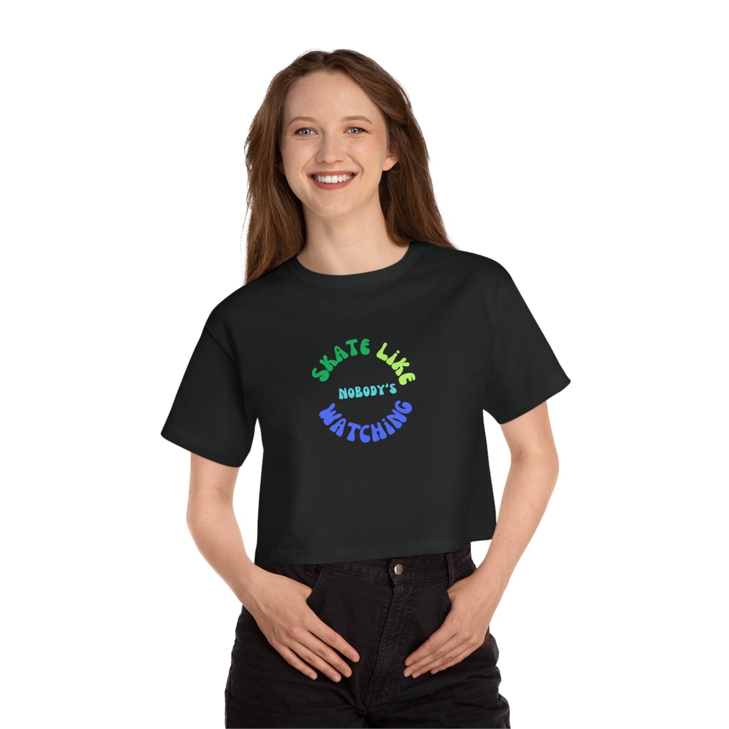 Champion Women's Blue/Green Skate Like Nobody's Watching Cropped T-Shirt