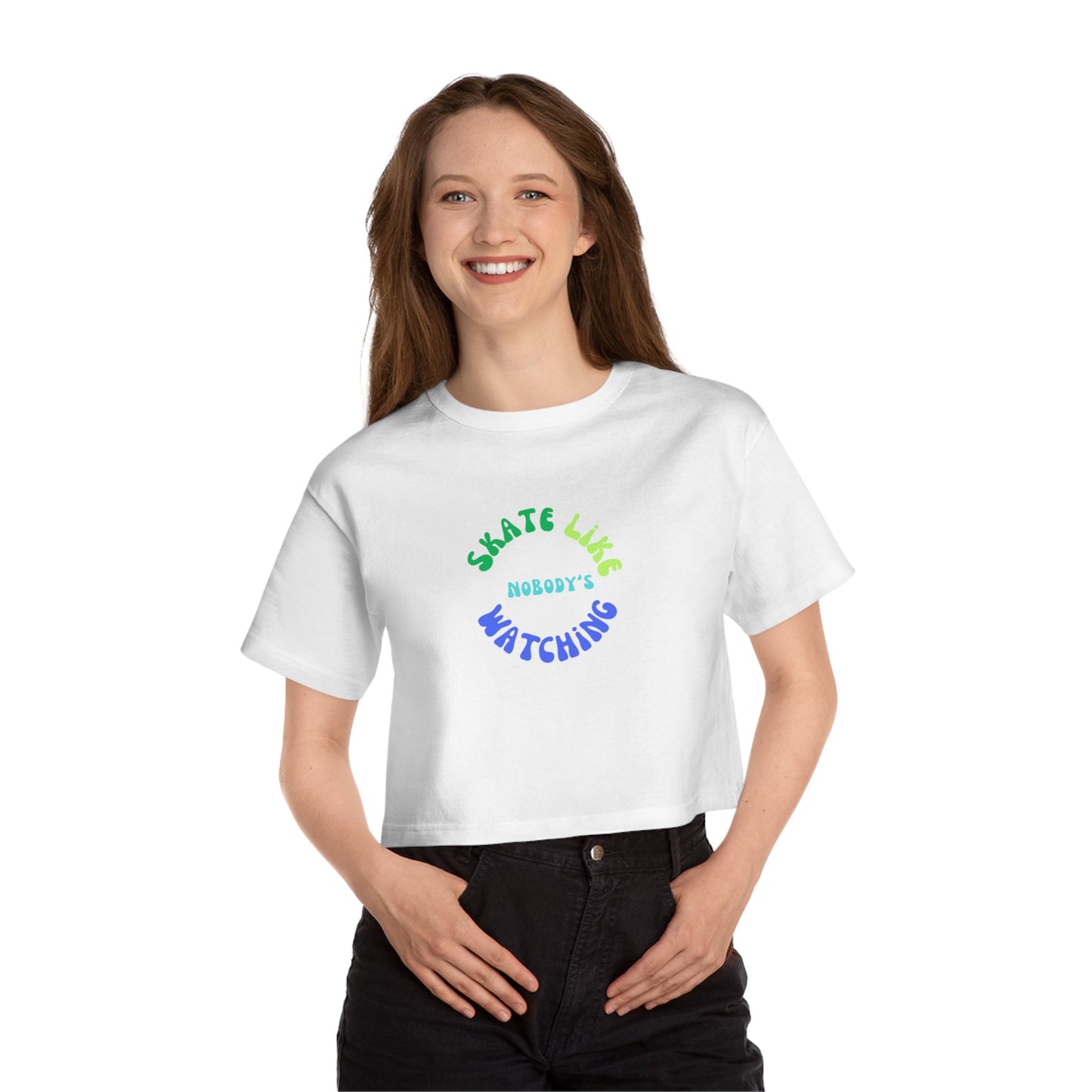 Champion Women's Blue/Green Skate Like Nobody's Watching Cropped T-Shirt