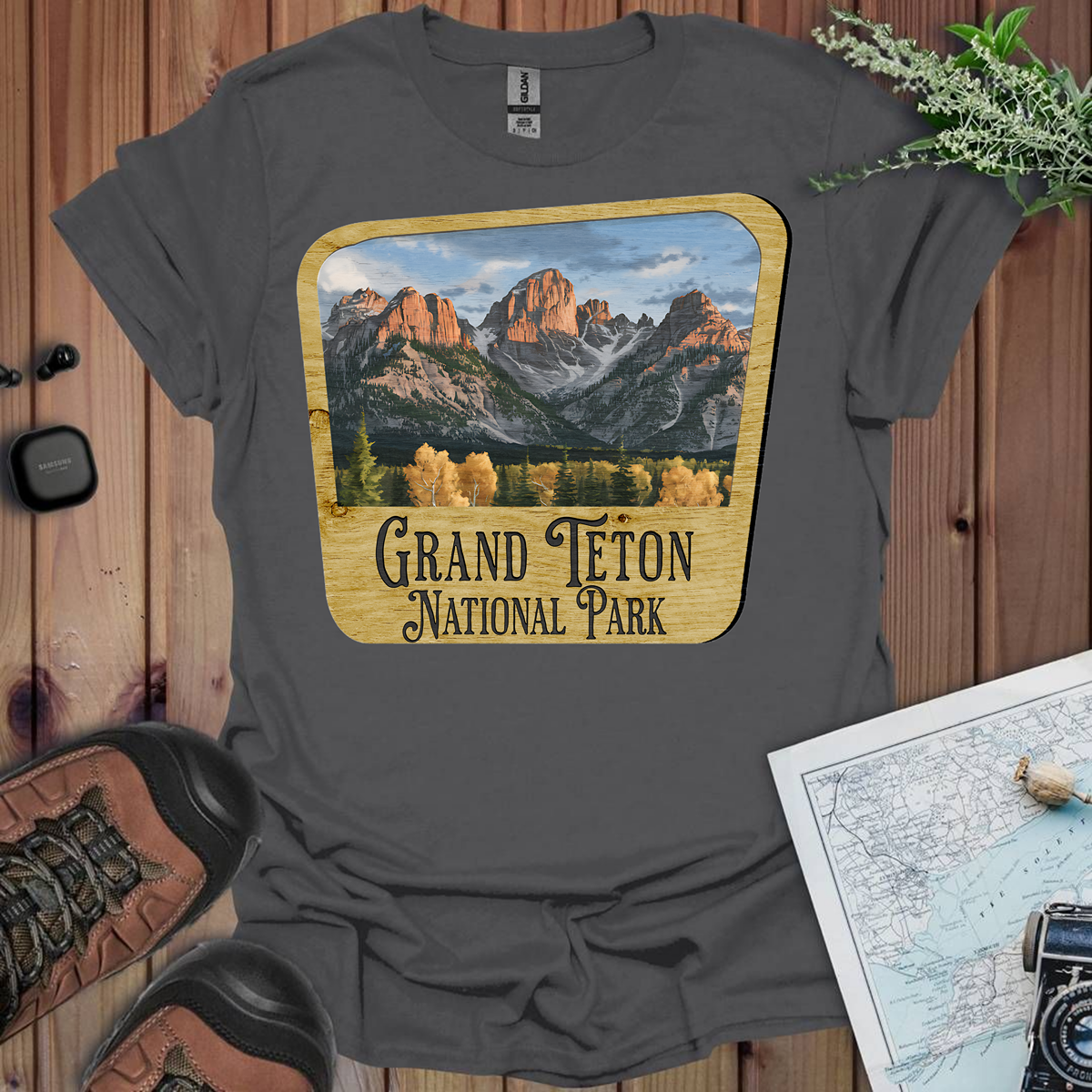 Grand Teton National Park Unisex Fit Soft T-Shirt Wood Sign