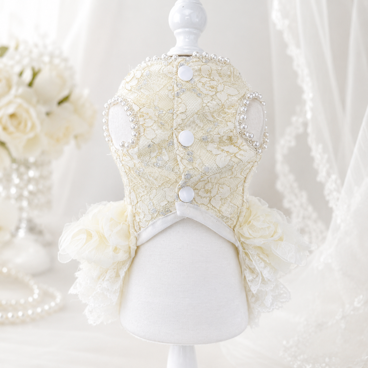 Handmade Luxury Pearl & Rose Lace Pet Dress