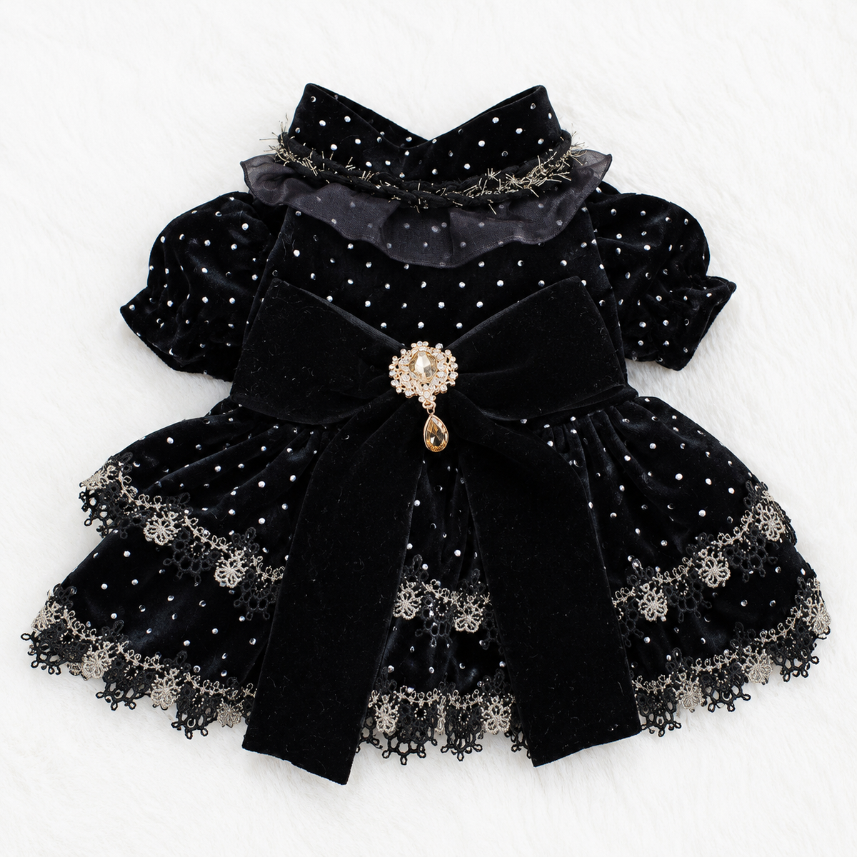 Midnight Velvet Princess Dog Dress – Luxury Black Polka Dot Puppy Dress with Gold Lace & Crystal Bow