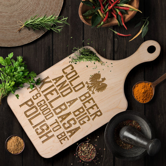 Cold Beer Big Kielbasa Hardwood Paddle Cutting Board