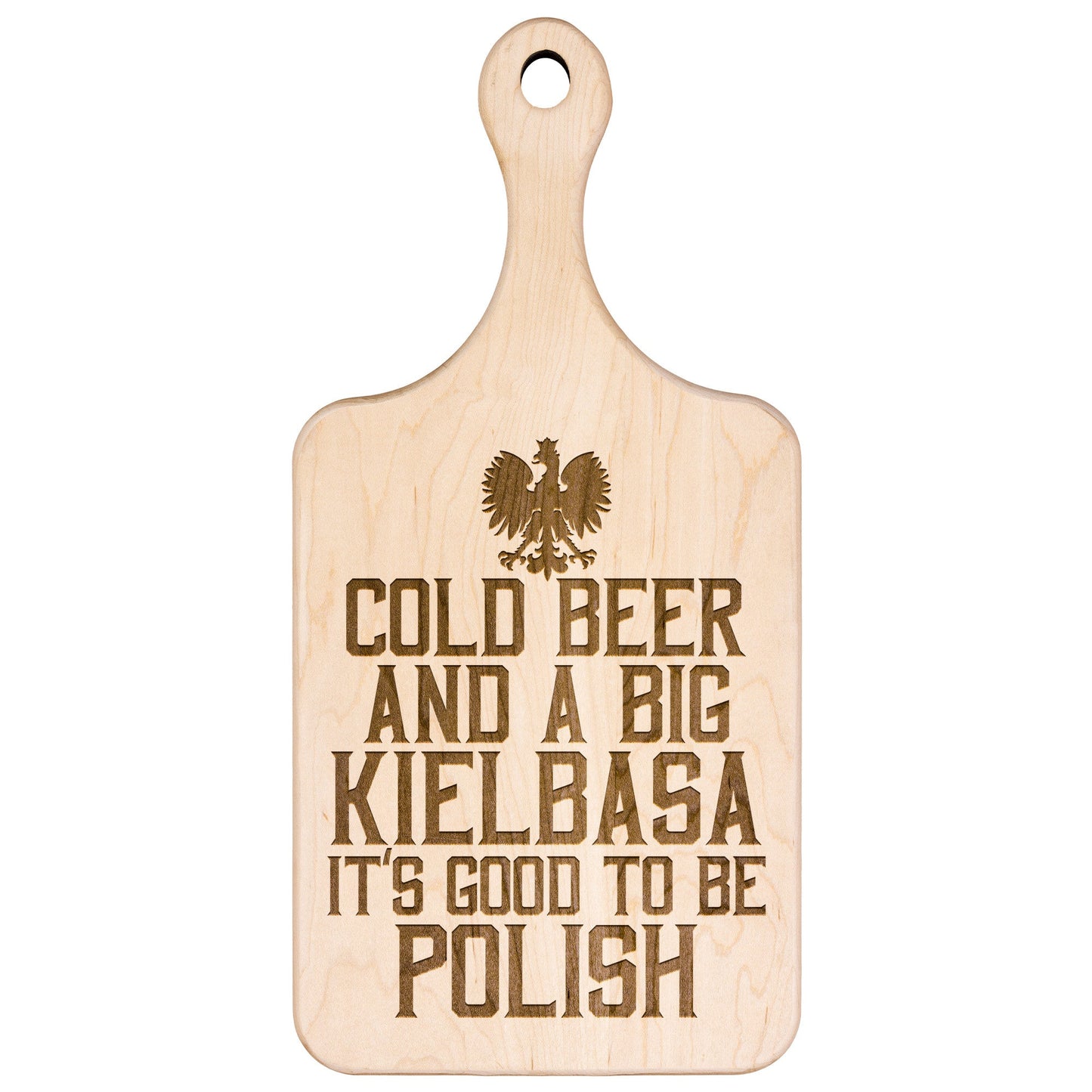 Cold Beer Big Kielbasa Hardwood Paddle Cutting Board