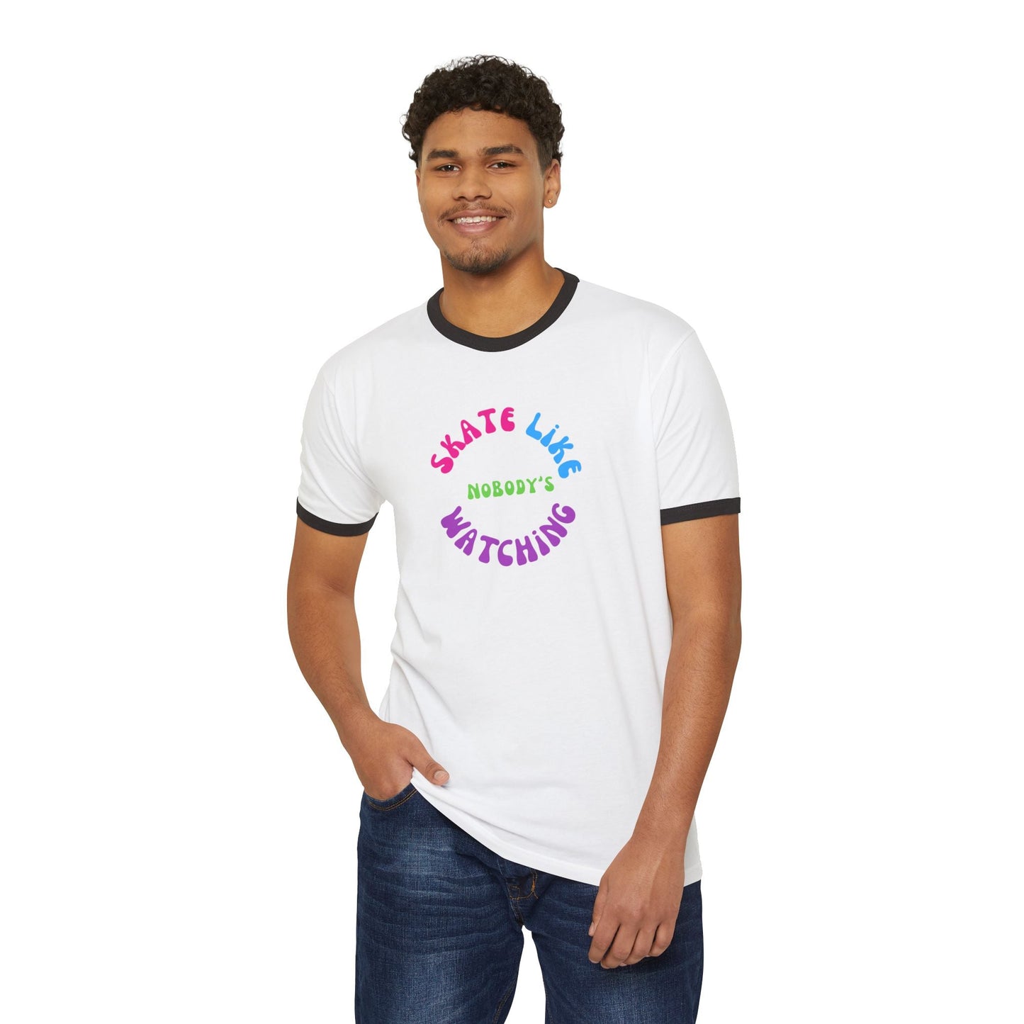 Colorful Skate Like Nobody's Watching Unisex Cotton Ringer T-Shirt